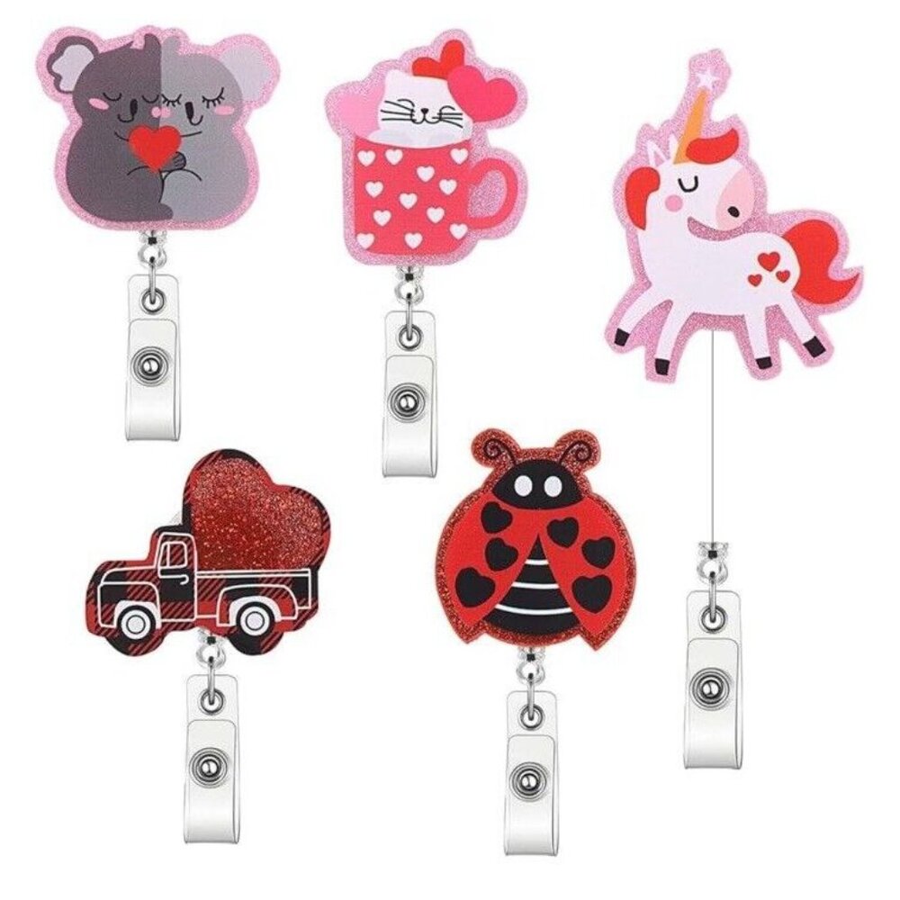 5 Pack Valentine Heart Character Badge Retracting Holders with Clips Cute